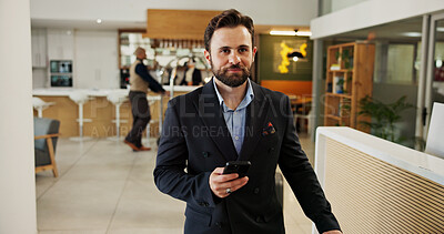 Buy stock photo Phone, walking and business man at hotel for guest, conference itinerary and booking reservation. Expo schedule, networking and event venue with person for online, keynote speaker list and travel