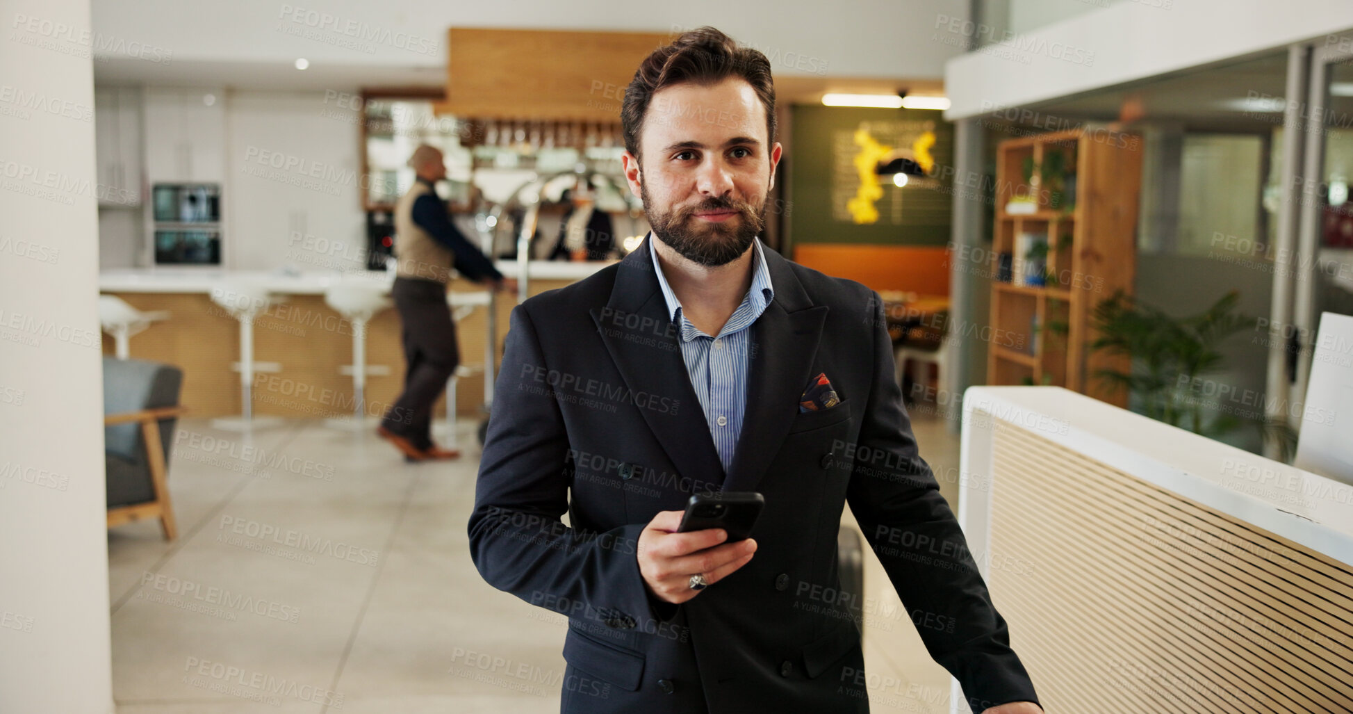 Buy stock photo Phone, walking and business man at hotel for guest, conference itinerary and booking reservation. Expo schedule, networking and event venue with person for online, keynote speaker list and travel