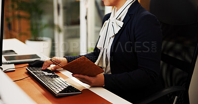 Buy stock photo Woman, hands and concierge with passport for hotel booking or security clearance at check in. Person typing, receptionist and inspection with ID or booklet for travel policy or accommodation