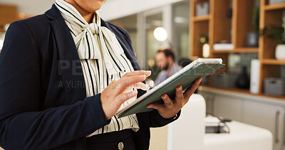 Buy stock photo Hands, tablet and manager with woman in hotel for online booking, concierge and guest check in. Hospitality industry, information desk and digital administration for resort with person in lobby