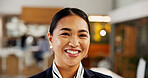 Concierge, smile and portrait of woman in hotel for welcome, hospitality and help desk. Receptionist, happy and booking facilitator with person in lobby for administration and guest consultant