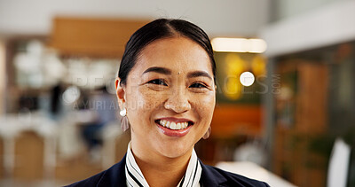 Buy stock photo Concierge, smile and portrait of woman in hotel for welcome, hospitality and help desk. Receptionist, happy and booking facilitator with person in lobby for administration and guest consultant