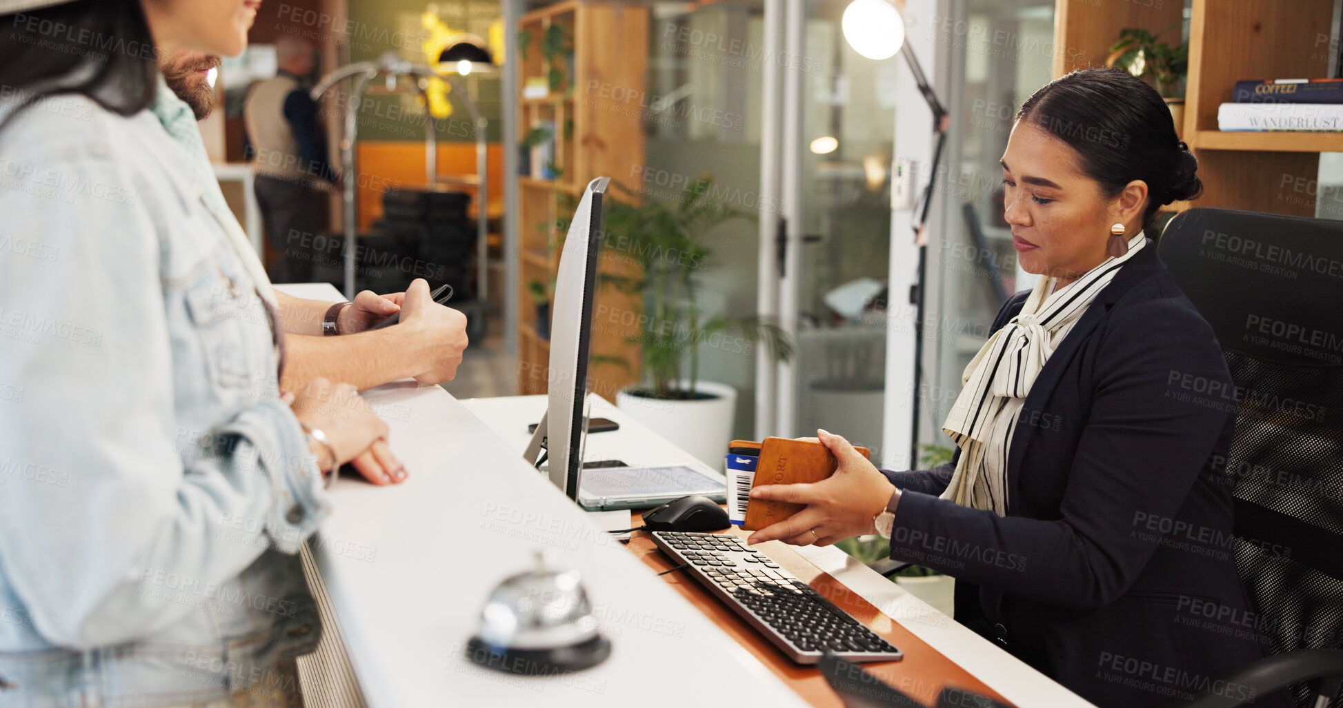 Buy stock photo Woman, passport and help desk at hotel with check in, ID and booking info for suite on vacation. People, concierge and paperwork at counter for reservation, welcome and hospitality service at lodge