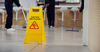 Buy stock photo Cleaning, sign and caution for wet floor, business and people with equipment for hygiene or service. Board, information and warning for safety, disinfection and routine for sanitation of coffee shop