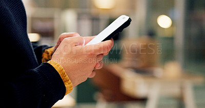 Buy stock photo Phone, hands and businessperson in office at night with connectivity for creative project. Cellphone, communication and magazine editor with email contact for publishing approval in workplace.