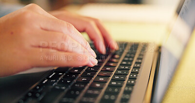 Buy stock photo Laptop, keyboard and hands of businessperson typing in office with research for creative project. Communication, computer and magazine editor with email for article approval for publishing at agency.