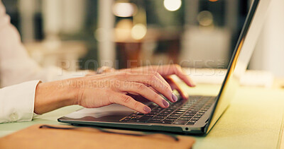 Buy stock photo Laptop, typing and hands of businesswoman in office at night with research for creative project. Keyboard, computer and female magazine editor with email for article approval with publishing deadline