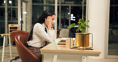 Buy stock photo Night, stress and business woman with headache, exhausted and overworked accountant in office. Tired, burnout and worker with migraine on deadline, pressure or auditor with fatigue for tax on laptop