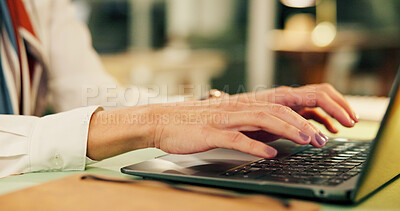 Buy stock photo Laptop, keyboard and hands of business woman for report writing, email response and closeup. Typing, drafting proposal or professional research with office employee, pc with feedback or review