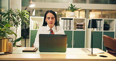 Buy stock photo Business, night and woman in office, laptop and online reading with email for trading update. Deadline, person and financial advisor in workplace, computer and internet with stock market and network