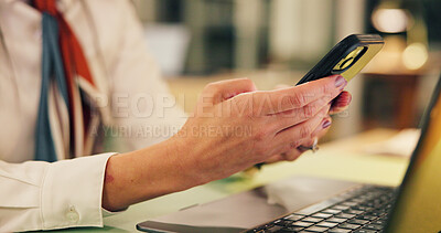 Buy stock photo Business, hands and woman with phone in office for night trading, stocks account or market trends. Laptop, working late or trader with smartphone for online research, portfolio review or finance news
