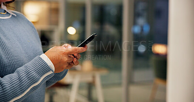 Buy stock photo Hands, phone and businesswoman in office at night with communication for overtime on creative project. Networking, space and magazine editor with mobile app for contact with publishing deadline.