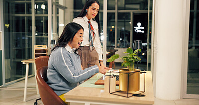 Buy stock photo Business, people or surprise with laptop at night for publication recognition, blog success or email. Media agency, excited journalist and pointing to editor feedback, submission approval or overtime