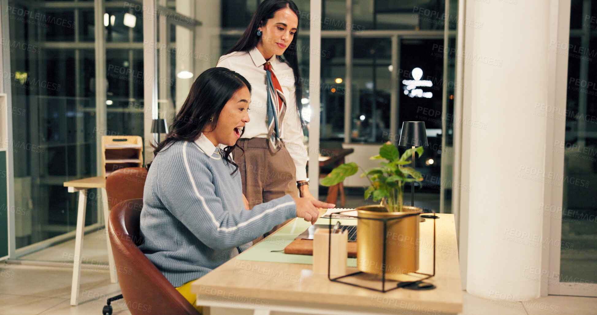 Buy stock photo Business, people or surprise with laptop at night for publication recognition, blog success or email. Media agency, excited journalist and pointing to editor feedback, submission approval or overtime