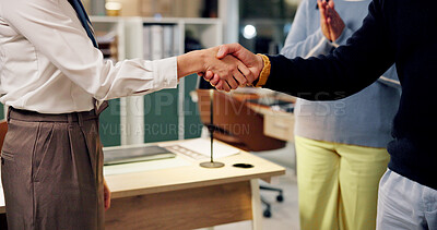 Buy stock photo Agreement, collaboration and people in office, handshake and deal for business merger or colleagues. Night, investor and shaking hands with client for opportunity, thank you and gesture in company