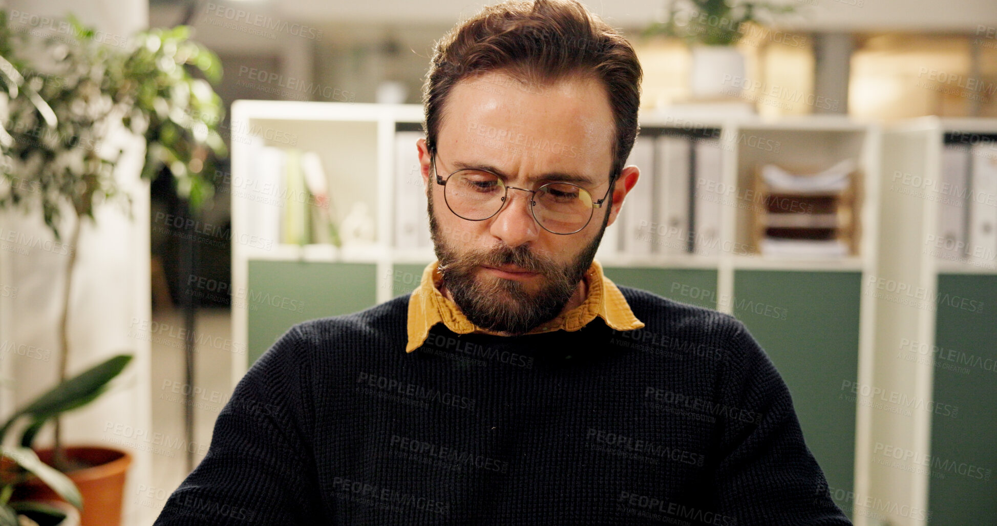 Buy stock photo Reading, glasses and planning with business man in office for research, bookkeeper and review. Account report, treasury decision with person in agency for client proposal and portfolio manager