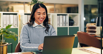 Buy stock photo Business, smile and woman with laptop, night and online reading with economy analyst. Person, evening and accounting in workplace, computer and email for investment, check inflation and connection