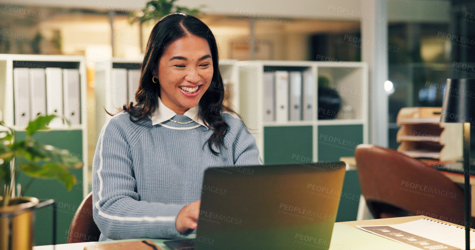 Buy stock photo Business, smile and woman with laptop, night and online reading with economy analyst. Person, evening and accounting in workplace, computer and email for investment, check inflation and connection