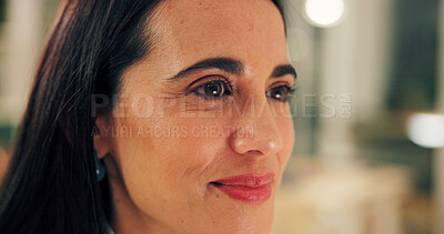 Buy stock photo Happy woman, thinking or night with business vision for late evening career or workaholic at office. Female person, smile and employee with sight for job opportunity, inspiration or productivity