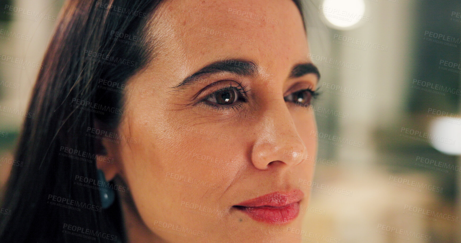 Buy stock photo Thinking, night and face of business woman for brainstorming, problem solving and proposal ideas. Professional, thoughtful and person with solution, insight and inspiration for planning project