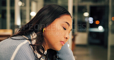 Buy stock photo Tired, night and thinking with business woman in office for deadline, burnout and dreaming. Fatigue, overworked and exhausted with person in creative agency for bored, problem solving and stress