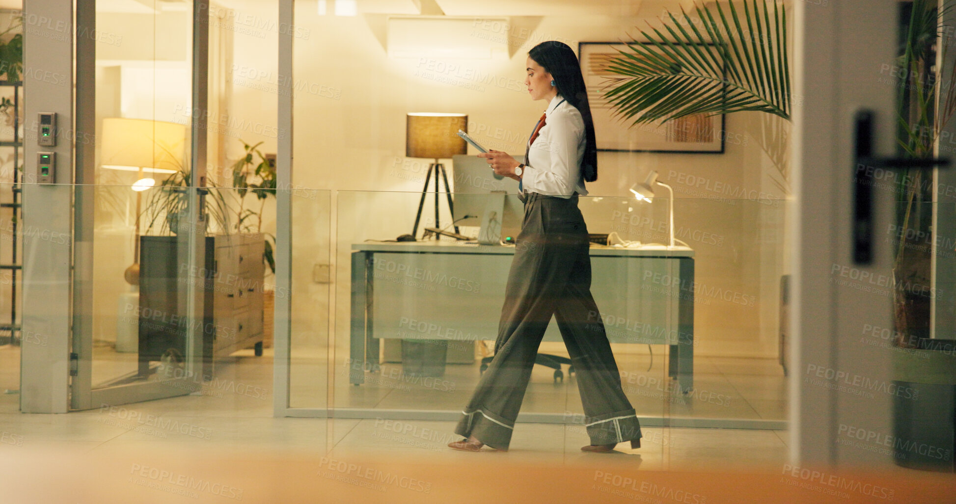 Buy stock photo Business, profile and woman with tablet, night and internet with connection, copywriting and app. Evening, person and journalist in modern office, communication and research for article and walking