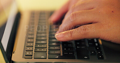 Buy stock photo Hands, business and person with laptop, keyboard and deadline with research for article. Closeup, copywriting and journalist in workplace, computer and internet with email, connection and news report