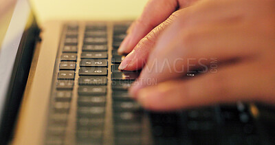 Buy stock photo Laptop, closeup and hands of person for typing with report writing, email response and keyboard. Blog, drafting proposal or professional research with female employee, pc with feedback or review