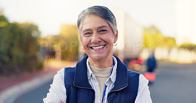 Buy stock photo Logistics, smile and truck with portrait of woman for fleet manager, freight shipping or export. Cargo transport, delivery schedule and distribution with mature person outdoor as dispatch supervisor