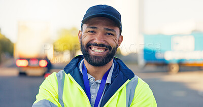 Buy stock photo Logistics, delivery and portrait of man in yard for shipping, fleet manager and supply chain. Dispatch, freight trucks and distribution with person for transport, safety supervisor and export