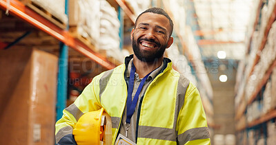Buy stock photo Portrait, supply chain engineer and man in factory, confident and distribution of stock or shipping. Happy, supplier and person in warehouse for project management, pride and smile for logistics