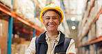 Portrait, engineer and woman with arms crossed, factory and confident for shipping and distribution. Happy, supplier and mature person with helmet for safety, space and pride for project management
