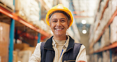 Buy stock photo Logistics, portrait and woman with arms crossed, factory or confident for shipping and distribution. Happy, supplier and mature person with helmet for safety, storage and pride for project management