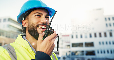 Buy stock photo Construction site, radio and man with engineering, smile and inspection with quality control. Helmet, feedback and person with architecture, conversation and property renovation with safety check