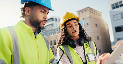 Buy stock photo Clipboard, construction and development with people on rooftop together for building or planning. Blueprint, collaboration and conversation with engineer team in city for architecture or installation