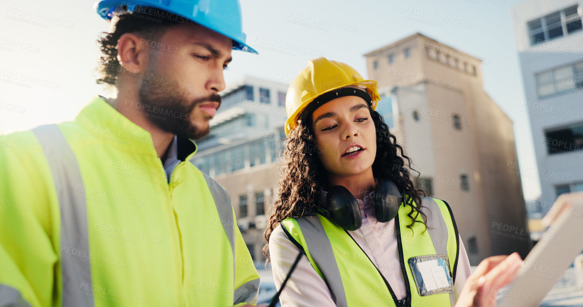 Buy stock photo Clipboard, construction and development with people on rooftop together for building or planning. Blueprint, collaboration and conversation with engineer team in city for architecture or installation