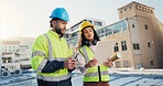 Clipboard, collaboration and construction with people on rooftop together for building or planning. Blueprint, conversation and installation with engineer team in city for architecture or development