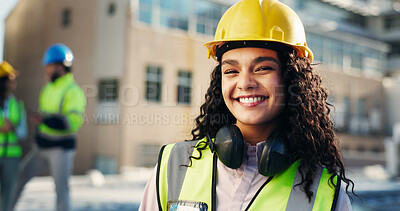 Buy stock photo Woman, smile and portrait at construction site for property development, safety for maintenance or renovation. Hardhat, headphones and protective gear with happy architect, contractor or engineering