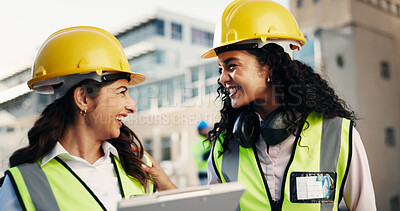 Buy stock photo Team, clipboard and engineer with women on rooftop for building inspection, checklist or chat. Safety regulations, architecture report and collaboration with people on construction site for blueprint