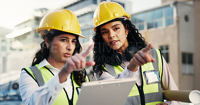 Buy stock photo Pointing, civil engineer and women with blueprint, city and plan for property development or design. Architecture, collaboration and people with clipboard for construction, conversation and outdoor