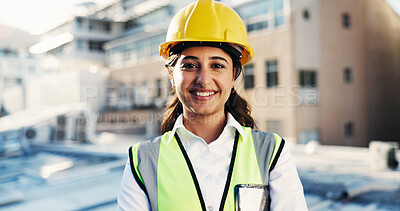 Buy stock photo Woman, portrait and architect at construction site for inspection, building maintenance or renovation. Engineering, helmet for safety and contractor with smile for property infrastructure on rooftop