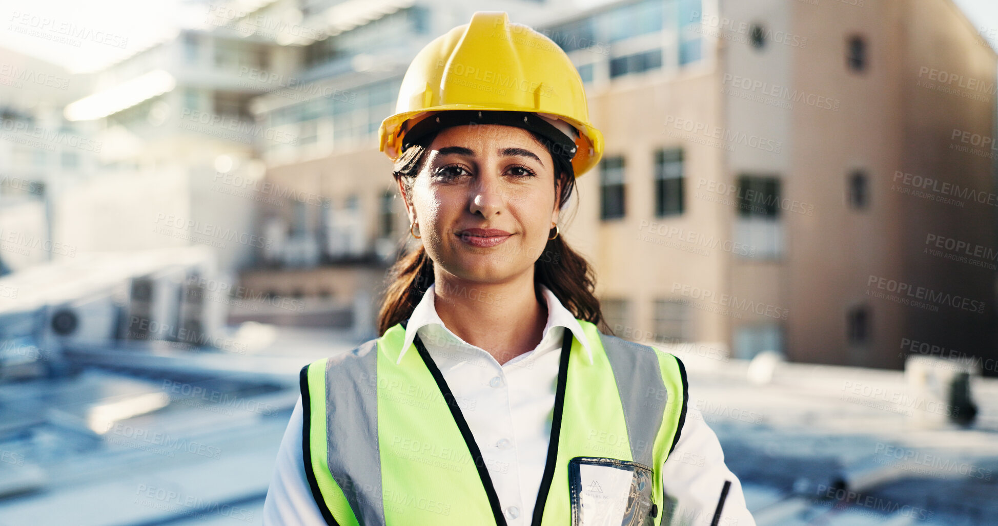 Buy stock photo Woman, portrait and engineer at construction site for inspection, building maintenance or renovation. Architecture, helmet for safety and contractor with smile for property infrastructure on rooftop