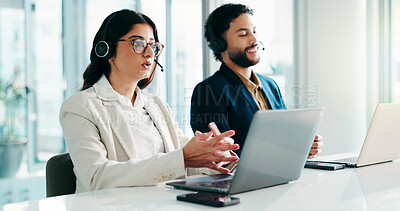 Buy stock photo Laptop, talk and woman in call center for telemarketing, insurance sales and lead generation. Computer, agent and communication for outbound marketing, coworking or follow up question for B2C email