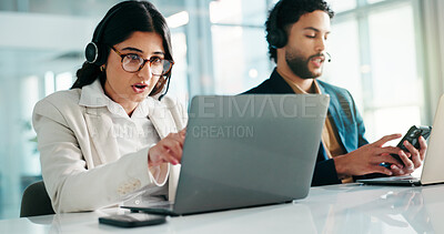 Buy stock photo Woman, contact center and laptop with headset for phone call, discussion and customer support with coworking. Female consultant, explain or online FAQ by pc with help desk employee and colleague 