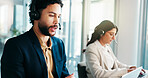 Call center, consultant and man coworking on computer for debt collection, loan or question. Agent, speaking and communication with headset for financial credit, account balance or payment reminder