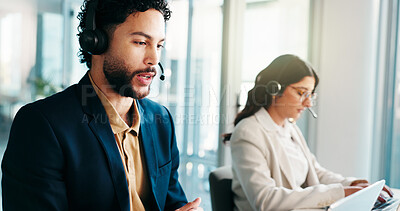 Buy stock photo Call center, consultant and man coworking on computer for debt collection, loan or question. Agent, speaking and communication with headset for financial credit, account balance or payment reminder