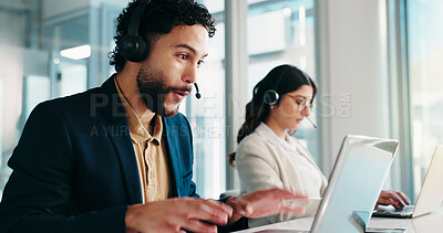 Buy stock photo Businessman, callcenter and laptop for announcement, excited for sales bonus or target in coworking office. Happy surprise, outbound goals by pc and communication, telemarketing agent and colleague