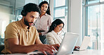 Online, representative and man with laptop, call center or coworkers with headset for telemarketing. Typing, agent and people with tech for lead generation, telemarketer and sales on web in office