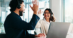 Customer service, man and high five with woman, headset and excited for lead generation in business. Happy, representative and people with gesture for celebration, laptop and success in call center