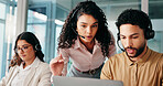 Computer, call center and teaching team with mentor for help, technical assistance or IT advice. Laptop, contact us and coaching intern for customer service, training or software feedback with people